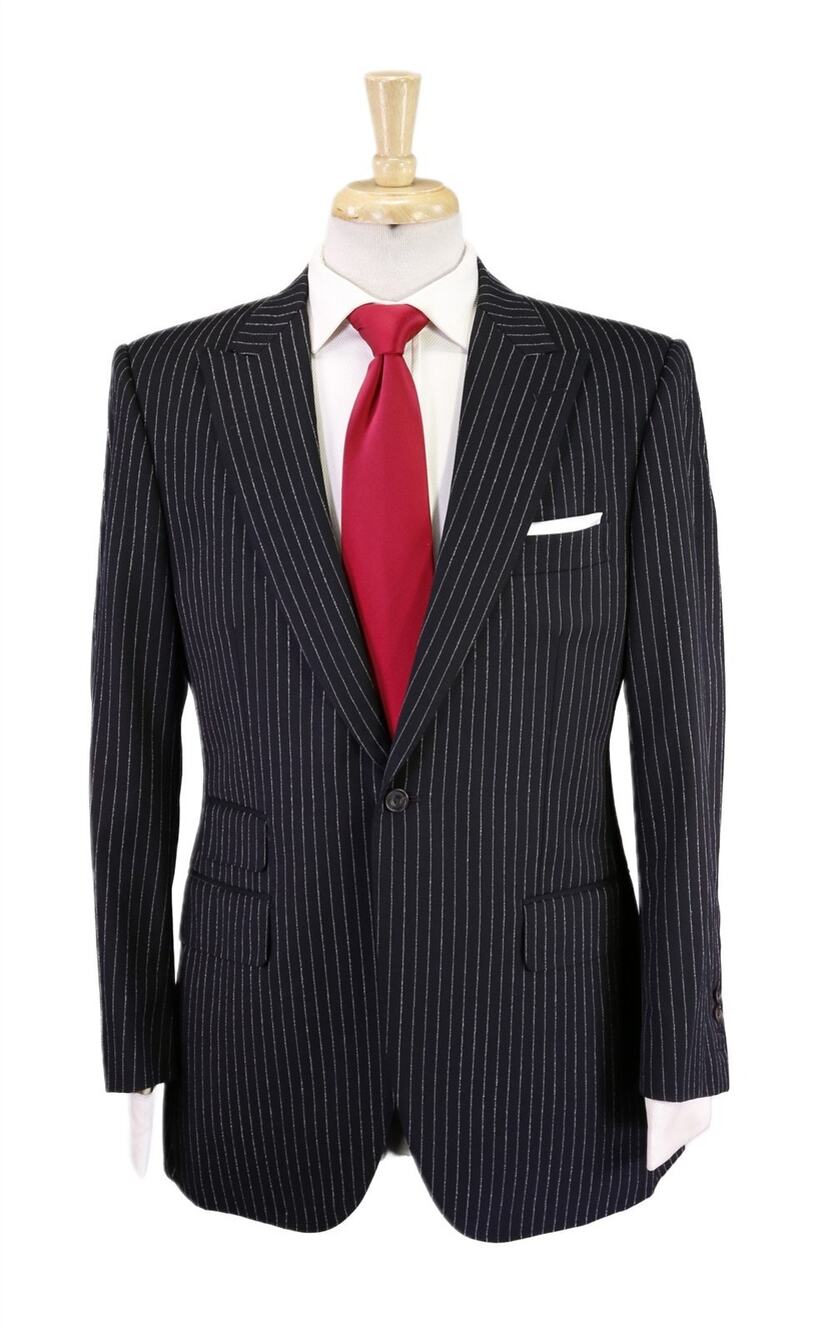 Peter Johnston Black Knit Pinstripe Peak Lapel 1-Btn Wool Suit 38S